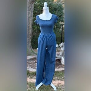 🦋 Francesca’s Blue Rain Wide-Leg Denim Jumpsuit